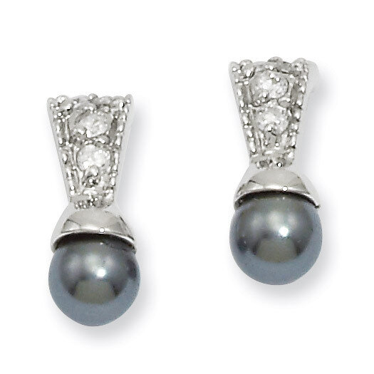 Rhodium-Plated Kelly Waters Black Simulated Pearl Cz Earrings KW237