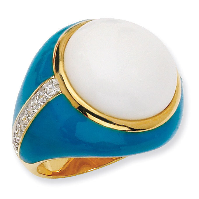 Gold-Plated Blue Enam Simul. Wht Agate & Cz Ring Sterling Silver QCM542-6
