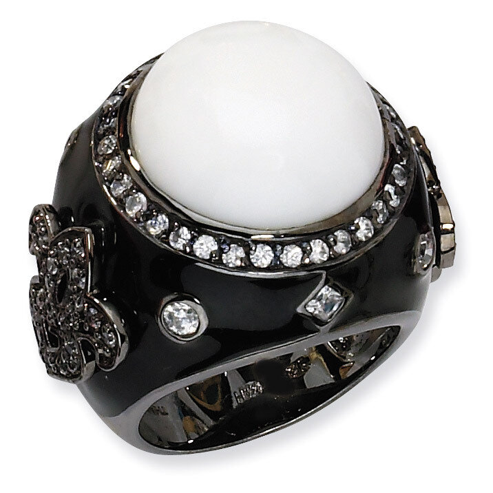 Sterling Silver Enamel Simulated White Agate & Cz Ring Black-plated QCM545-6