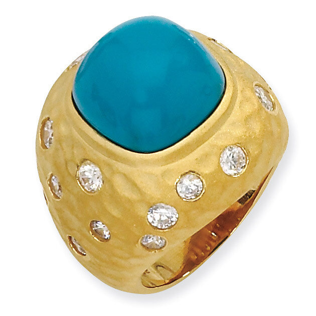 Gold-Plated Satin Simulated Turquoise &amp; Cz Ring Sterling Silver QCM556-7