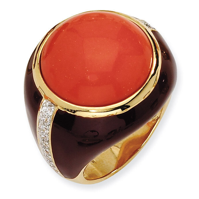 Gold-Plated Brown Enam Simulated Red Coral & Cz Ring Sterling Silver QCM559-7