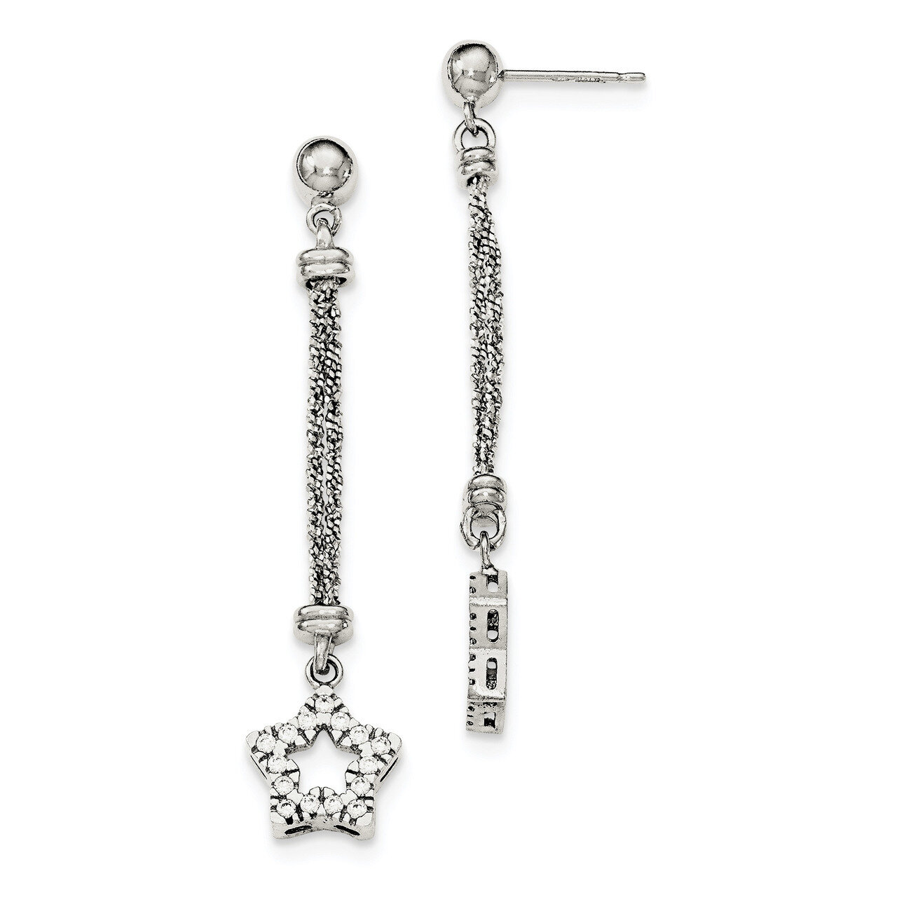 Cz Star 2 Strand Diamond Cut Post Dangle Earrings Sterling Silver QE11447