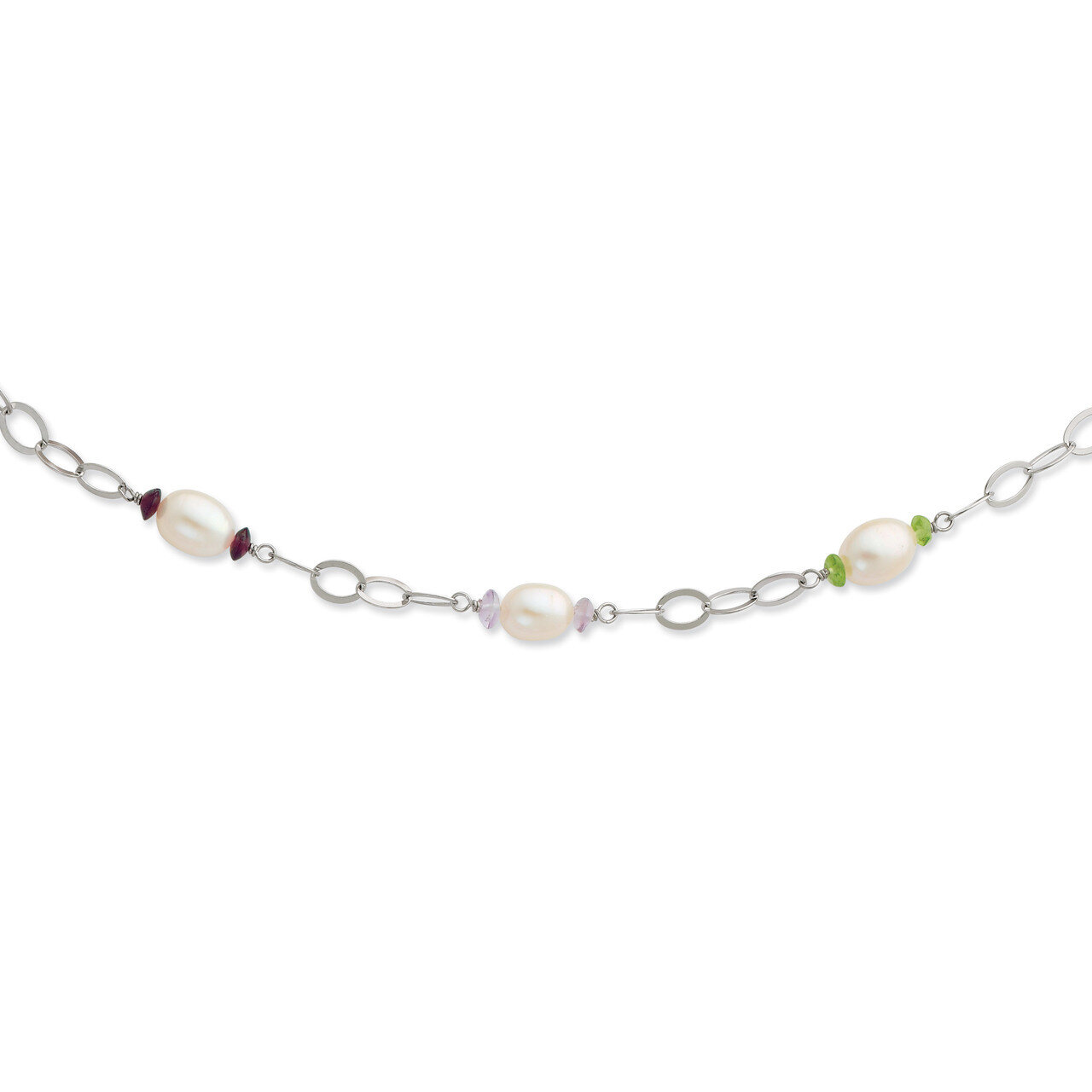 8-9mm White Fresh Water Cultured Pearl &amp; Stone with 2 Inch Extender. Neck Sterling Silver QH4764-17