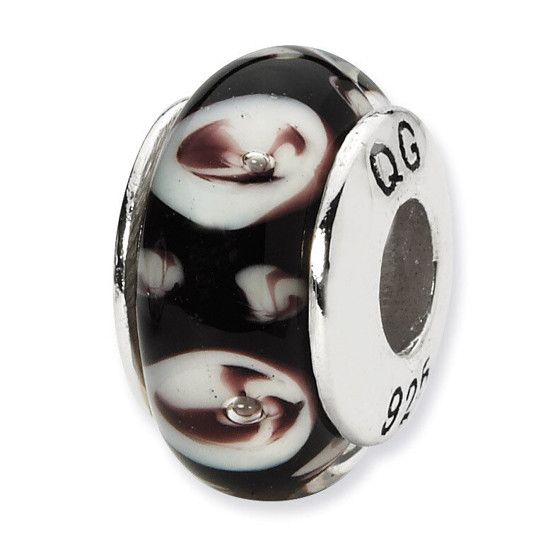 Black Purple Floral Hand-Blown Glass Bead Sterling Silver QRS1338