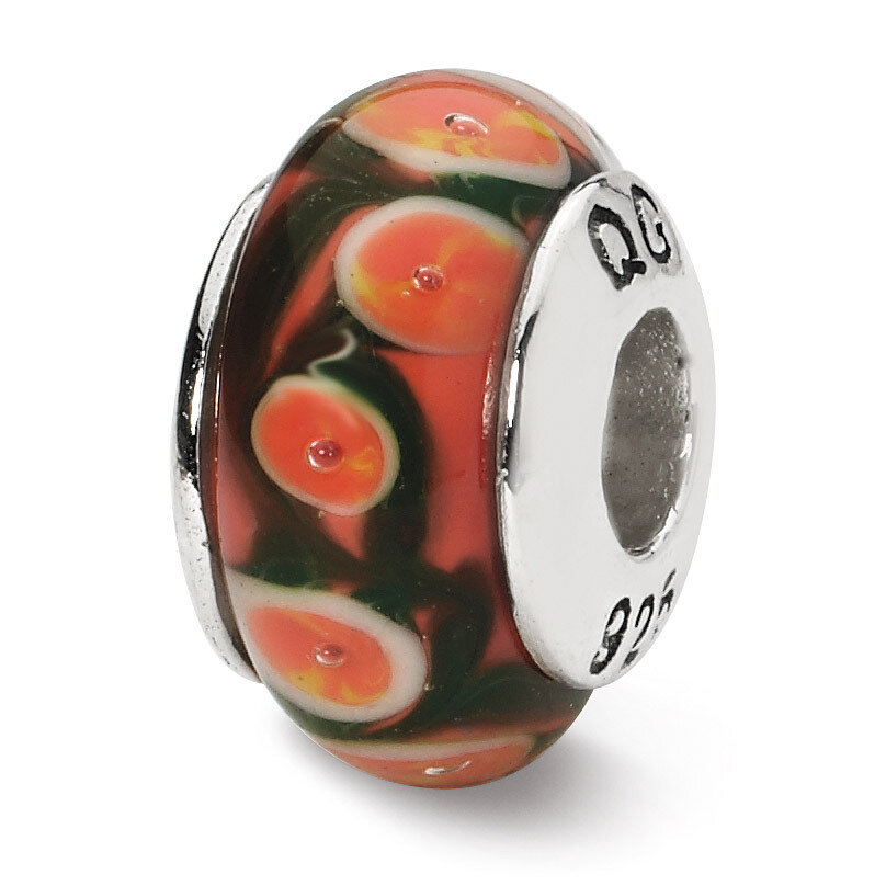 Red Orange Hand-Blown Glass Bead Sterling Silver QRS1354