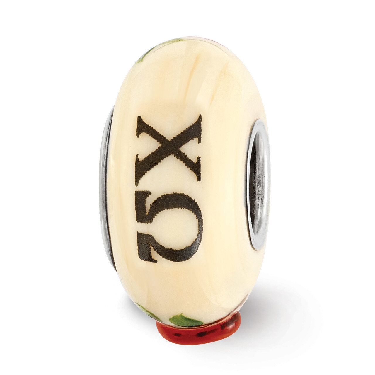 Ivory Hand Painted Chi Omega Fenton Glass Bead Sterling Silver QRS3671