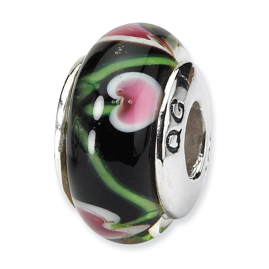 Black/Red Hand-Blown Glass Bead Sterling Silver QRS708