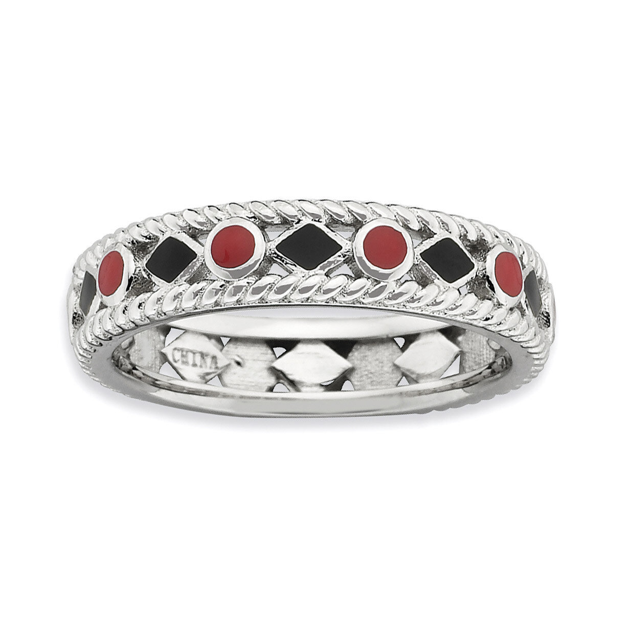 Red/Black Enameled Ring Sterling Silver Polished QSK601-10