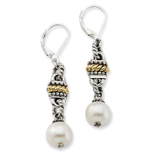 9.5-10mm Fresh Water Cultured Pearl Earrings Sterling Silver &amp; 14k Gold QTC287