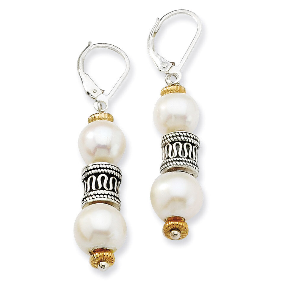8/10mm Fresh Water Cultured Pearl &amp; Barrel Earrings Sterling Silver &amp; 14k Gold QTC533