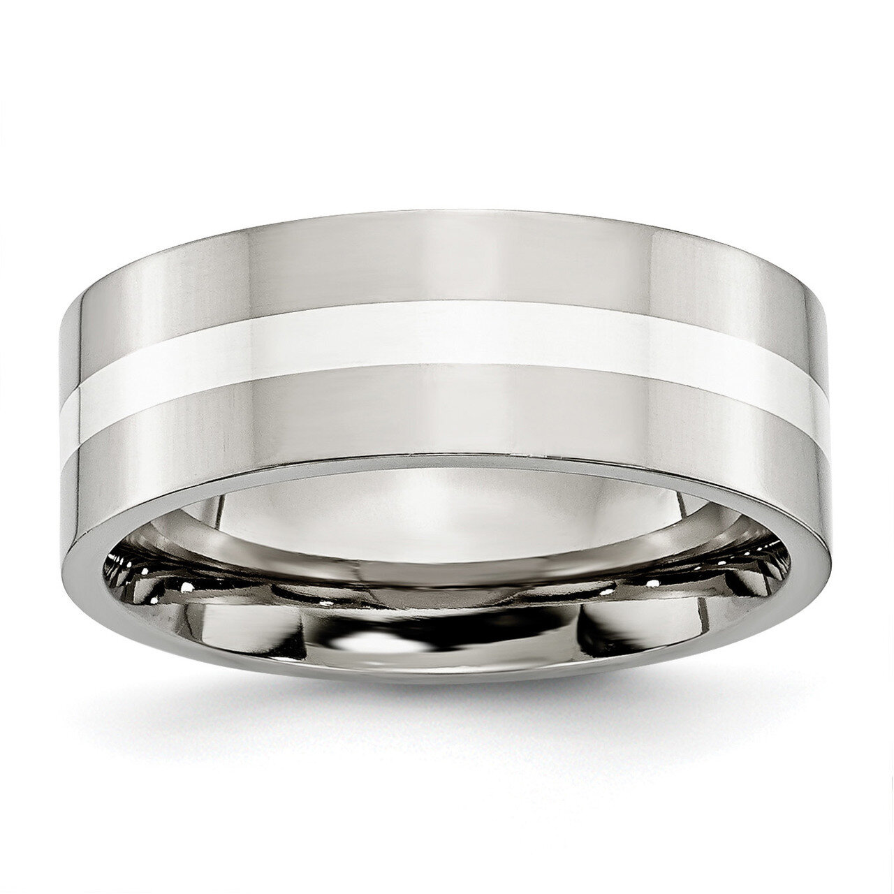 Sterling Silver Inlay Flat 8mm Polished Band Stainless Steel SR121-10