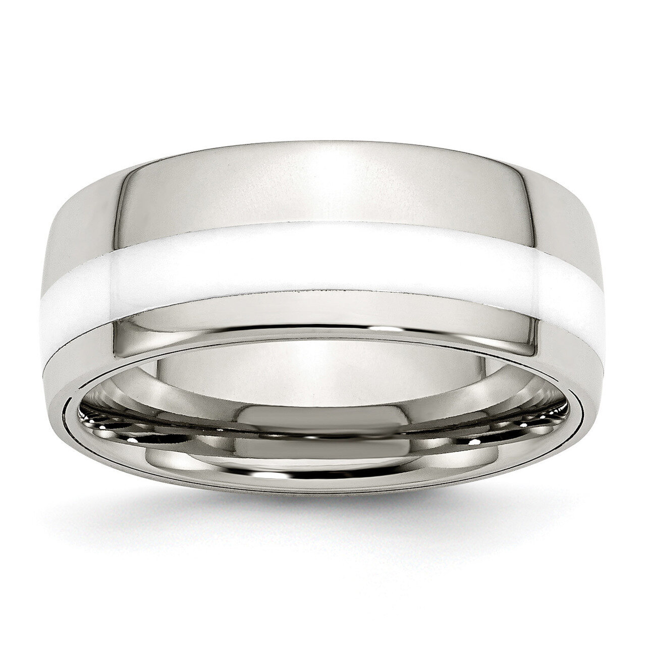 Polished White Ceramic Inlay 9.00mm Band Stainless Steel SR390-10