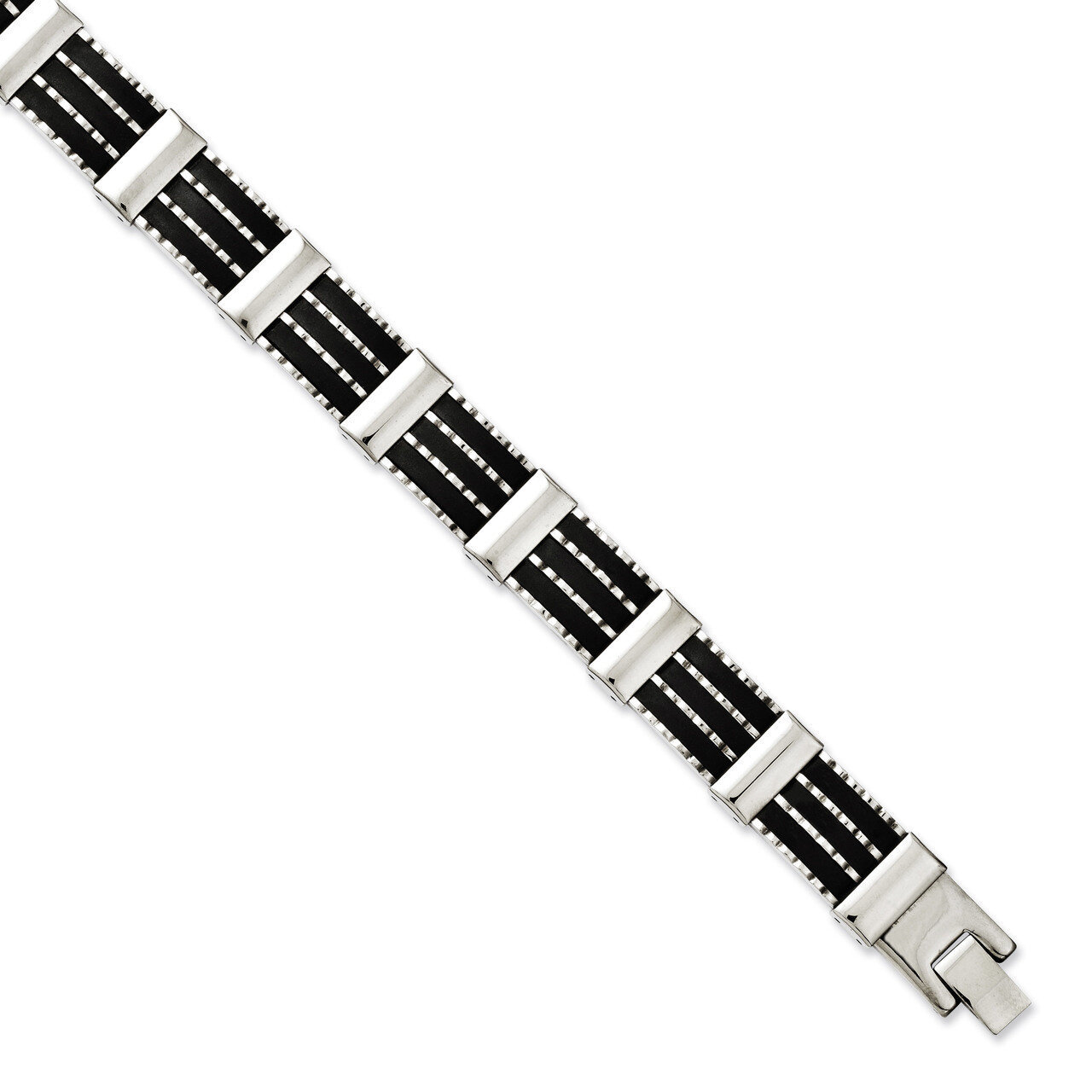 Black Rubber & Polished 8.25 Inch Bracelet Stainless Steel SRB1012-8.25