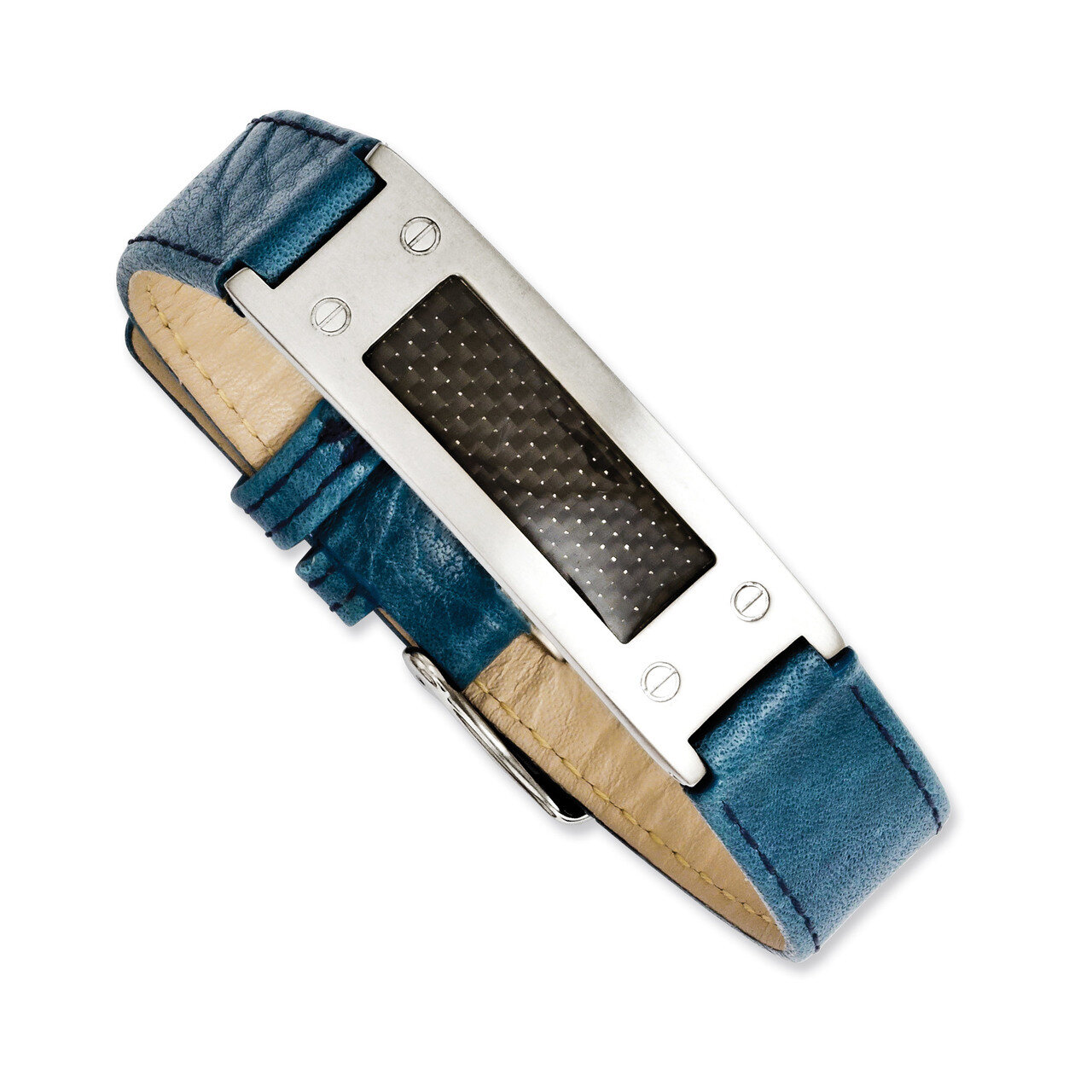 Textured Blue Leather with Carbon Fiber Inlay Buckle Bracelet Stainless Steel SRB1120-8.25