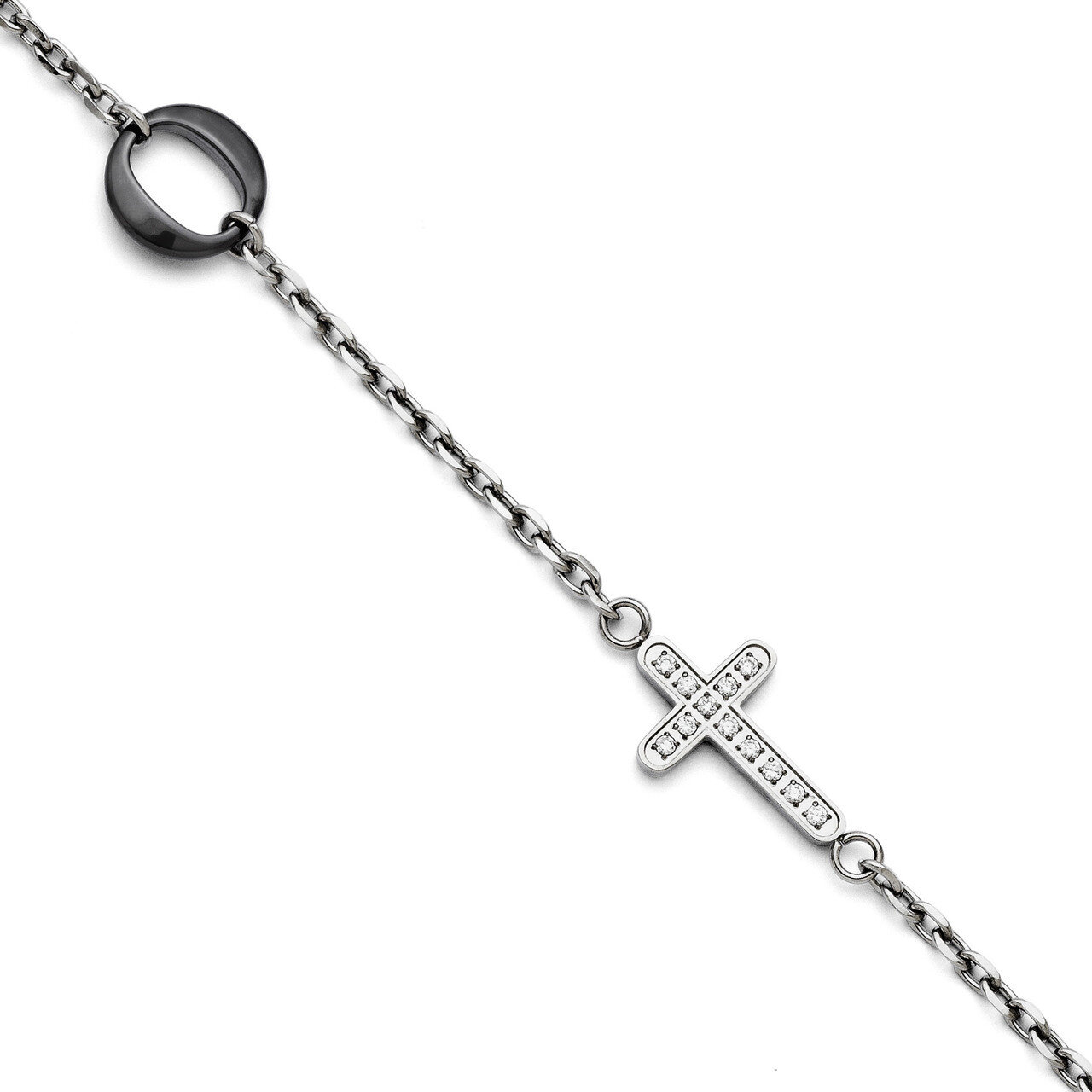 Ceramic Polished Sideways Cross Cz Bracelet Stainless Steel SRB1293-7.25