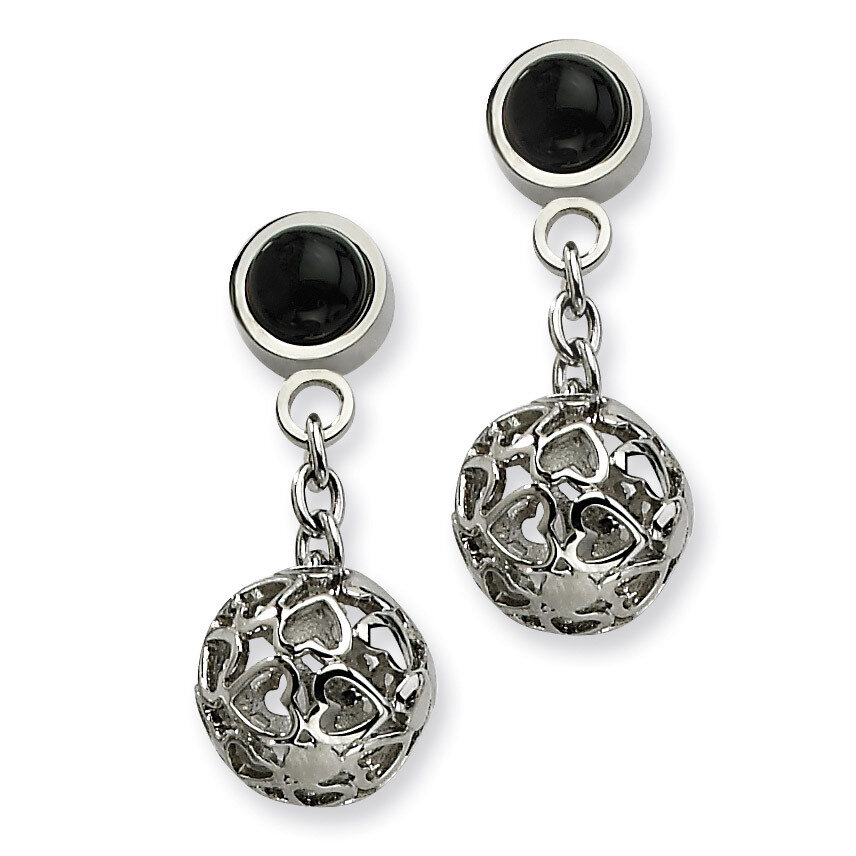 Heart Cutouts Puffed Circle with Onyx Post Dangle Earrings Stainless Steel SRE201