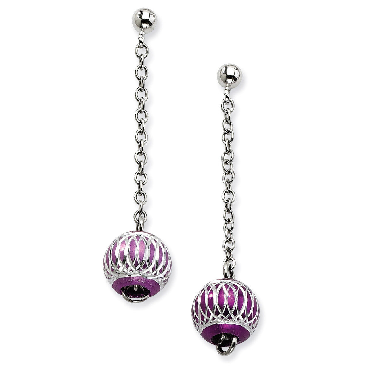 Purple Diamond Cut Beads Post Dangle Earrings Stainless Steel SRE204
