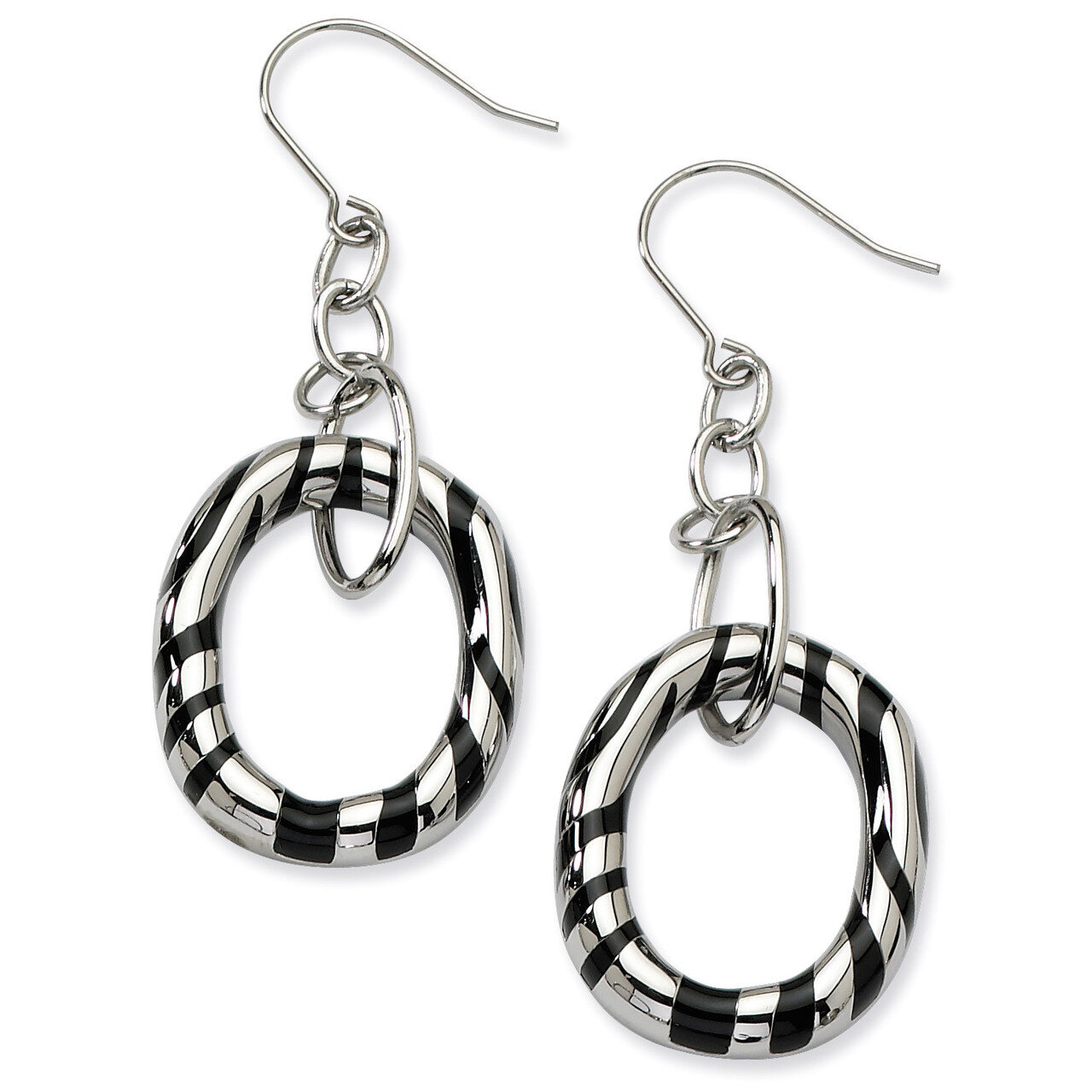 Black Enamel Striped Oval Dangle Earrings Stainless Steel SRE209