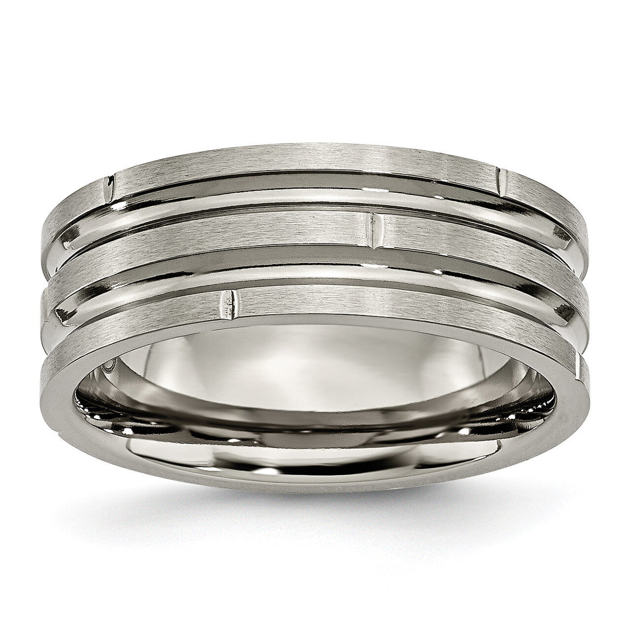 Notched &amp; Grooved 8mm Polished Satin Band Titanium TB330-10
