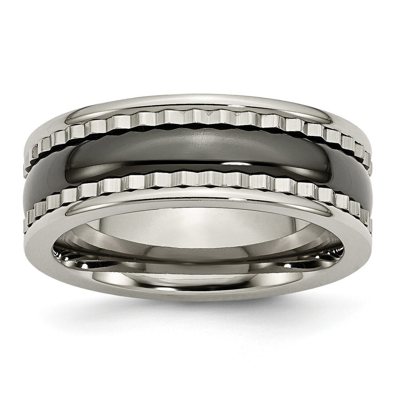 Titanium with Sawtooth Accent/Polished Black Center 8mm Band Ceramic TB378-10.5