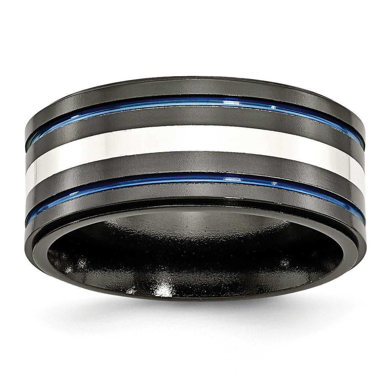 Titanium Black Ti With/Inlay Blue Anodized 10mm Band Sterling Silver TB399-10.5