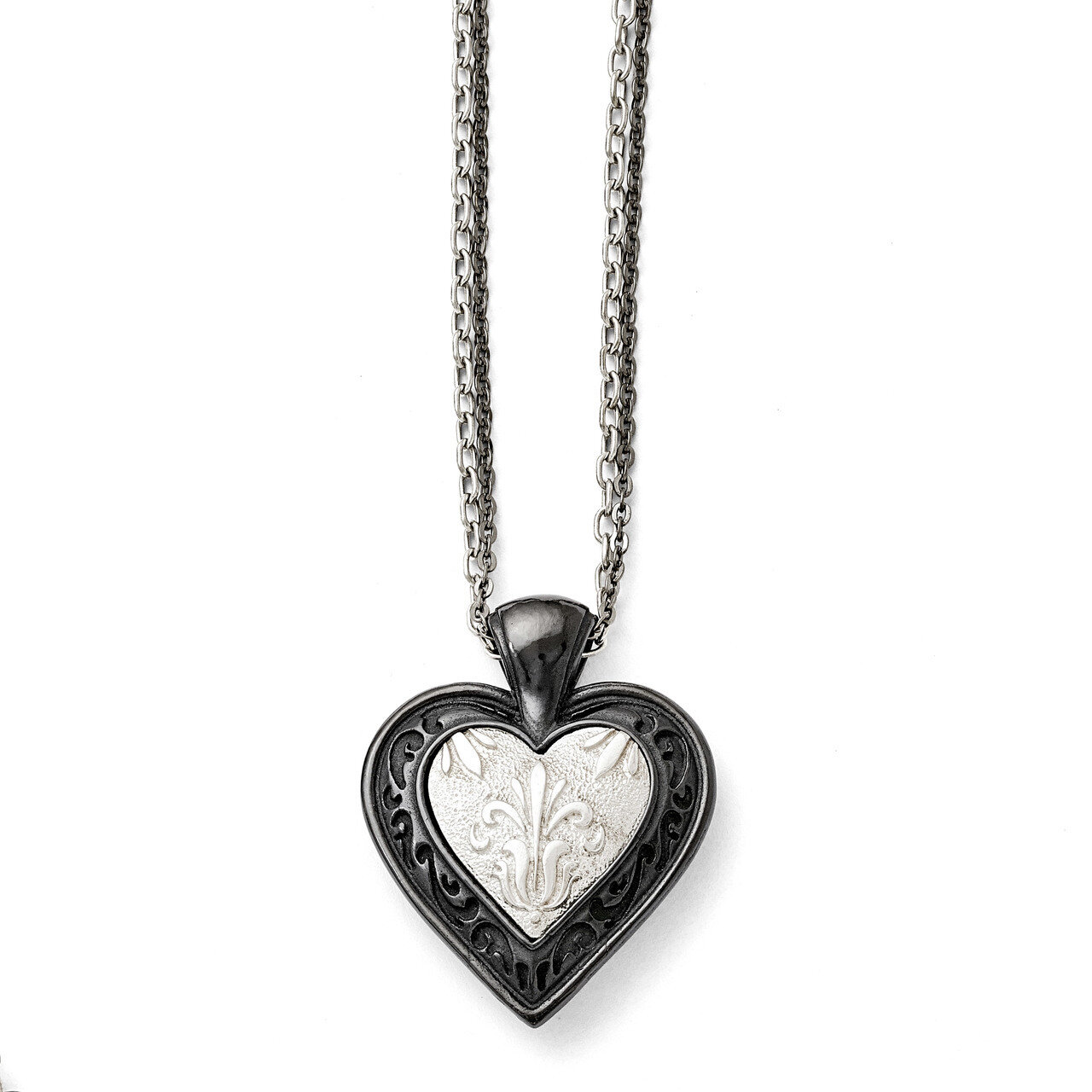 Black Ti Polished Etched Heart with 2 Chain Necklace Titanium TBN168-18.25