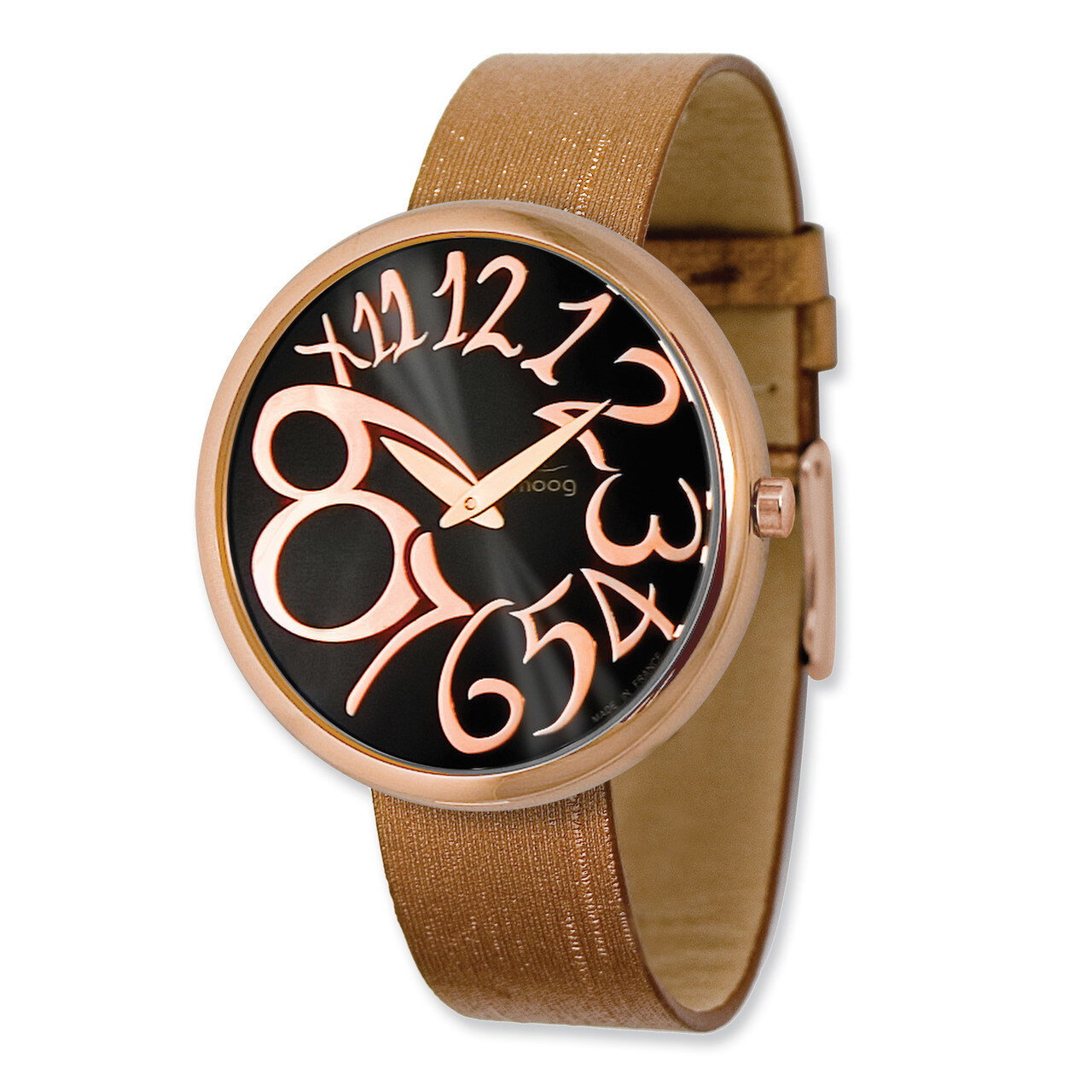 Moog Rose-Plated Round Black Dial Watch with (Pm-105Rg) Brown Band XWA3674