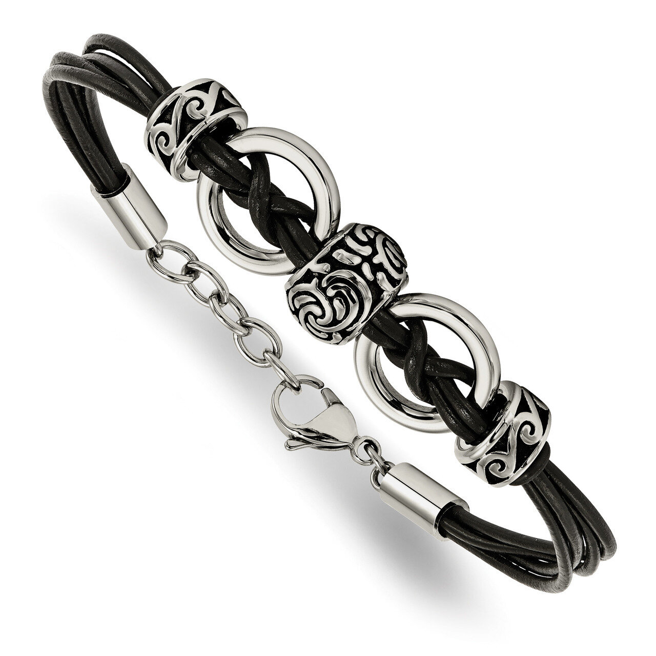 Black Leather with Antiqued Beads 8.25 Inch with Extender Bracelet Stainless Steel SRB1032-8.25 by …