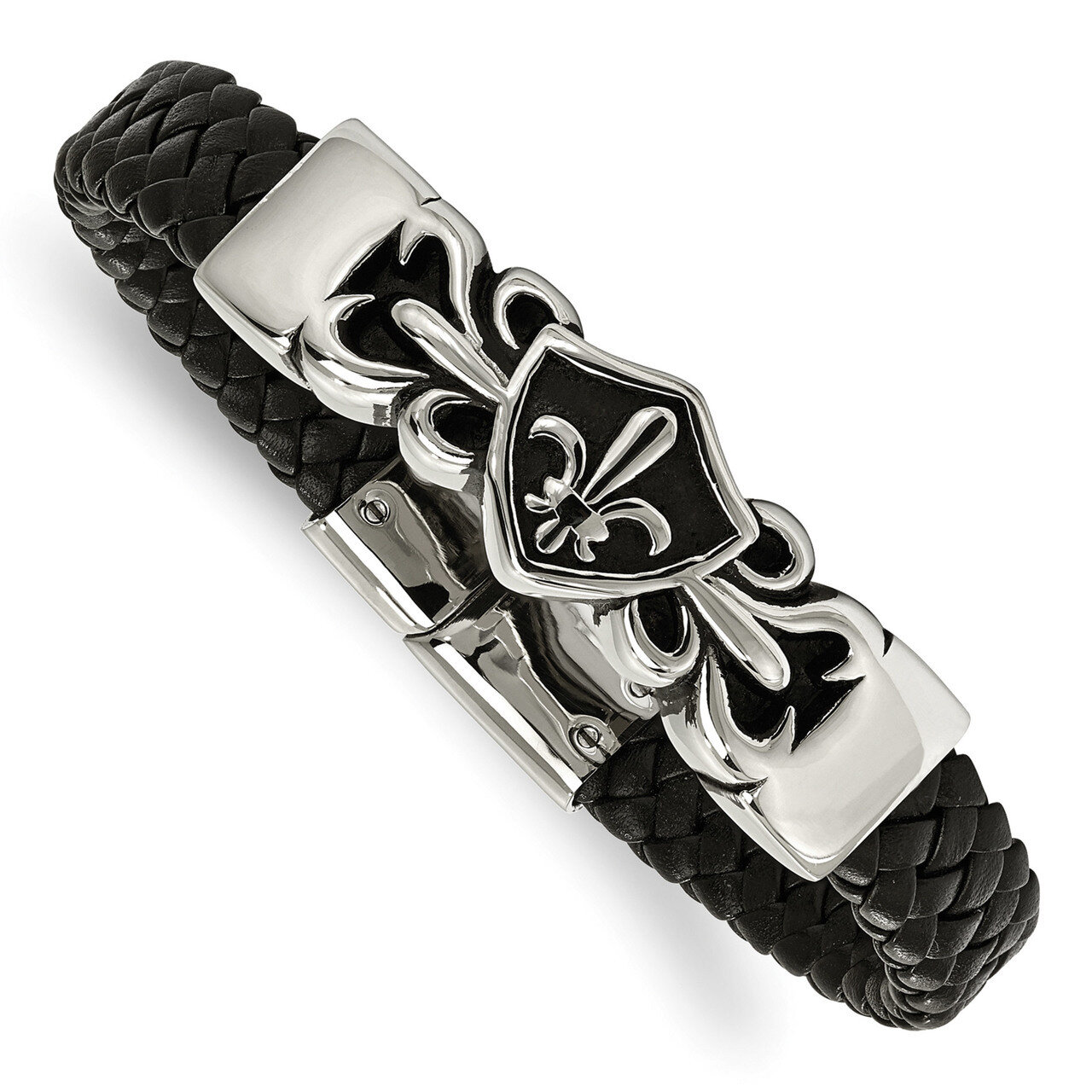 Polished Fleur de Lis Black Leather Bracelet Antiqued Stainless Steel SRB1625-8.25