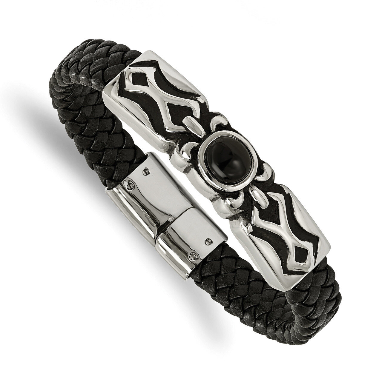 Polished with Black Onyx Leather Bracelet Antiqued Stainless Steel SRB1626-8.25