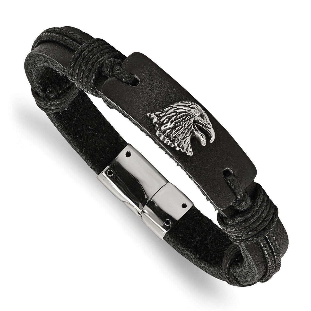 Eagle Head Black Leather Bracelet Stainless Steel Polished Antiqued SRB1658-8.5 by Chisel, MPN: SRB…