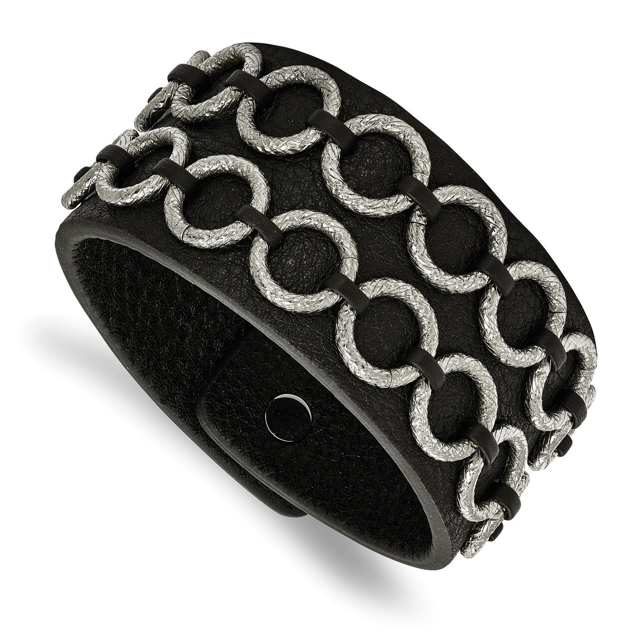 Black Leather Bracelet Stainless Steel Polished Textured SRB1659-7.75
