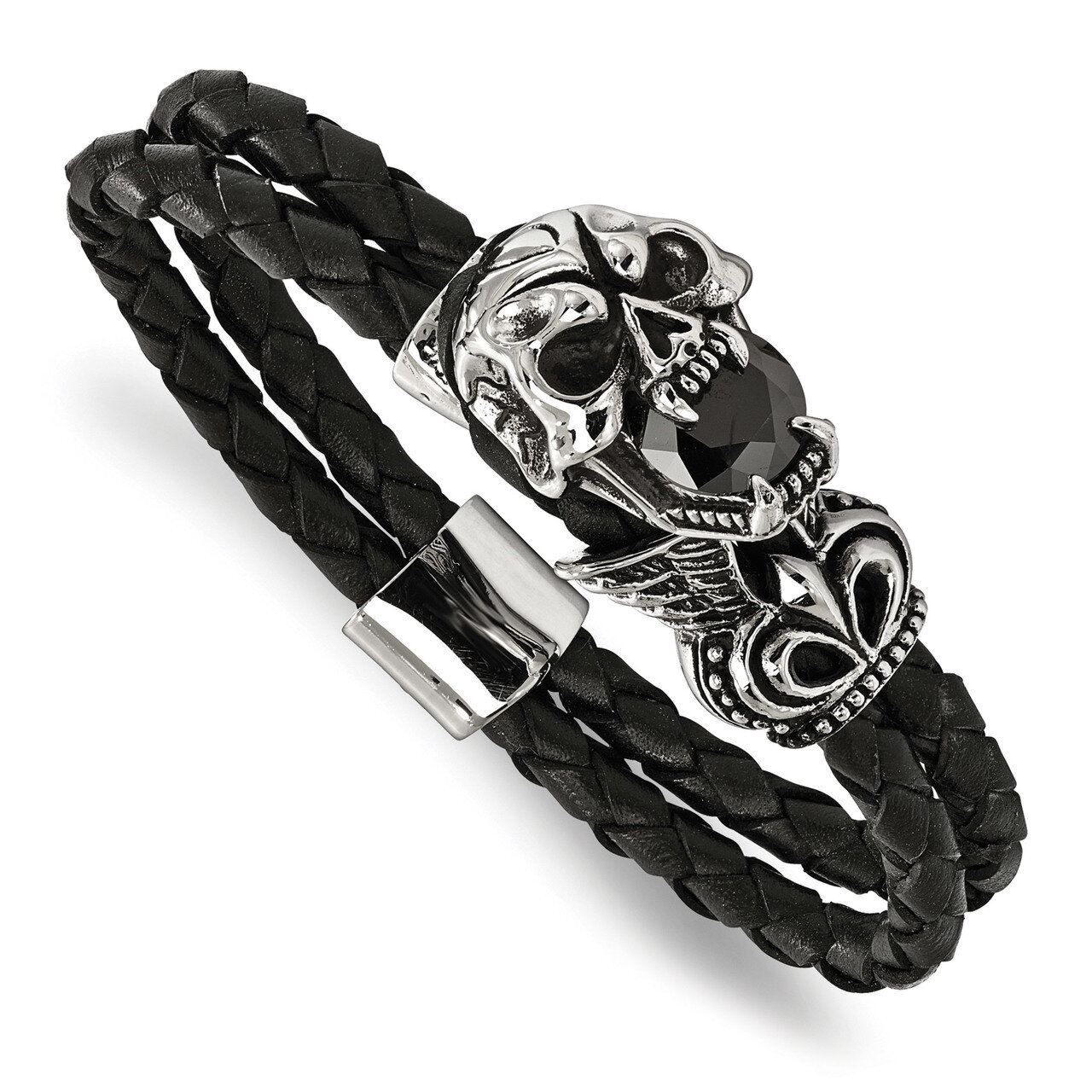 Glass Leather Bracelet Stainless Steel Antiqued Polished SRB1744-8.5 by Chisel, MPN: SRB1744-8.5, 1…