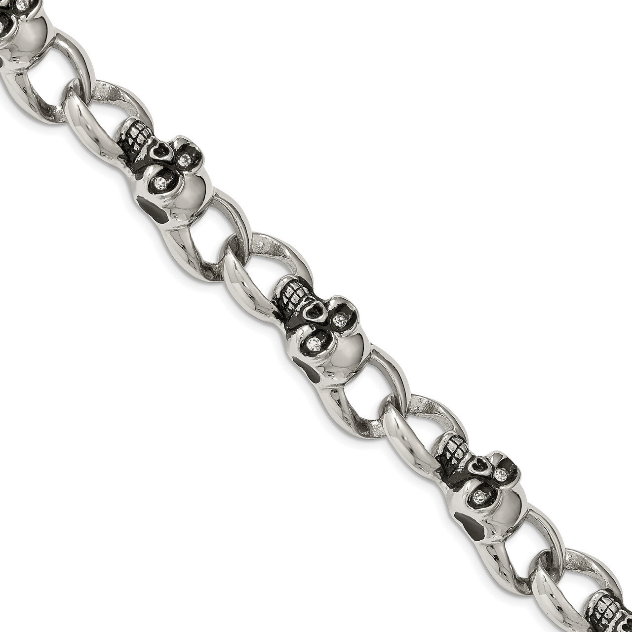 Oxidized with CZ Skulls 9in. Bracelet Stainless Steel Polished SRB1899-9 by Chisel, MPN: SRB1899-9,…