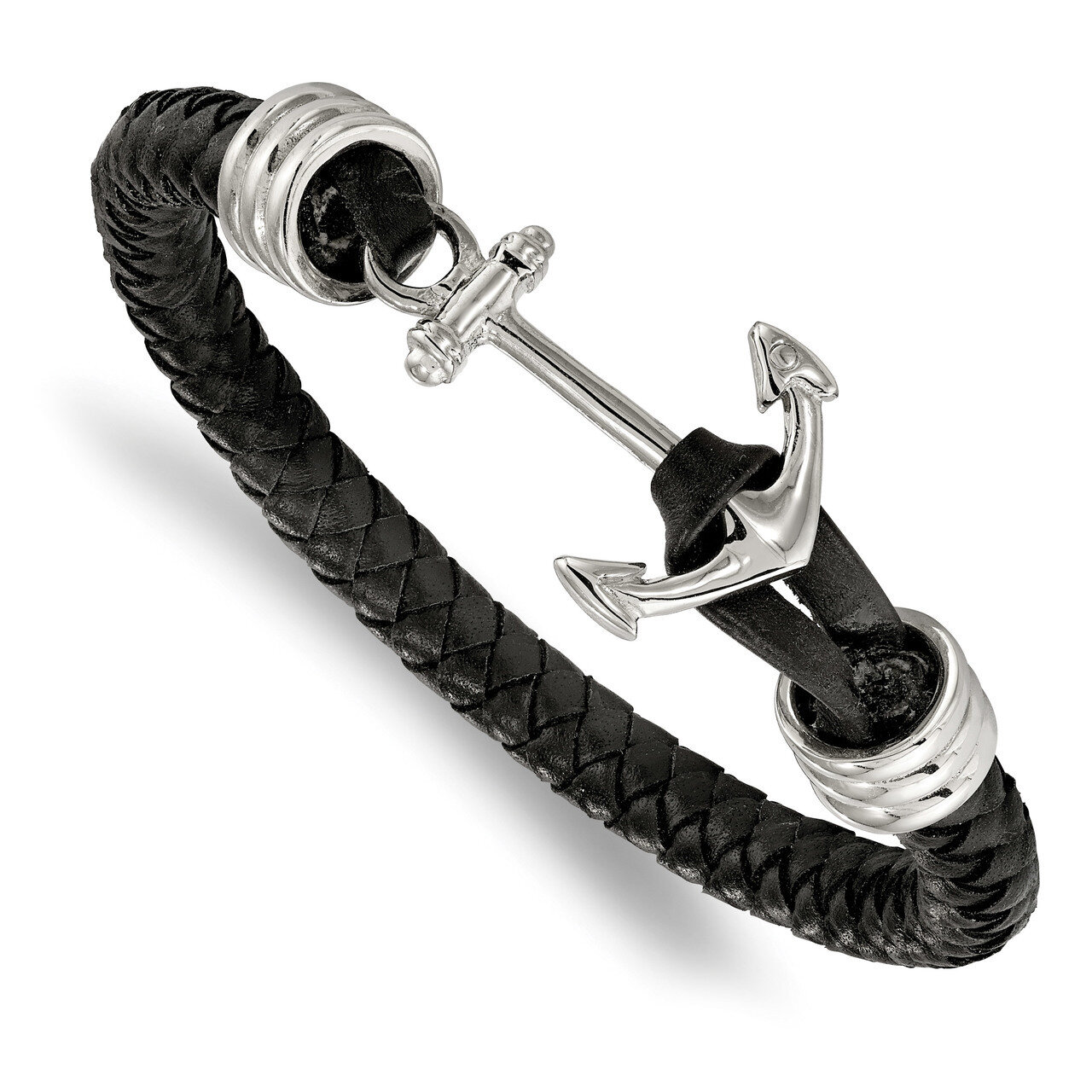 Black Braided Leather Anchor 8.5 Inch Bracelet Stainless Steel Polished SRB1910-8.5 by Chisel, MPN:…
