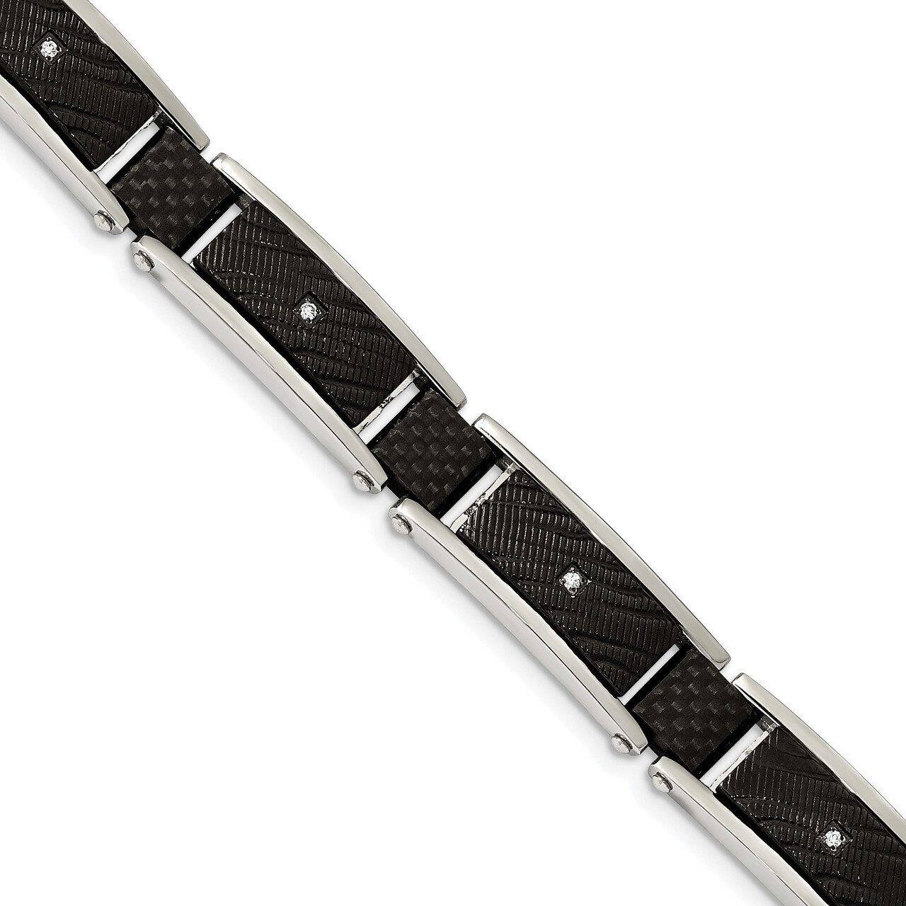 Black IP with CZ and Black Carbon Fiber 8.75 Inch Bracelet Stainless Steel Polished SRB1911-8.75
