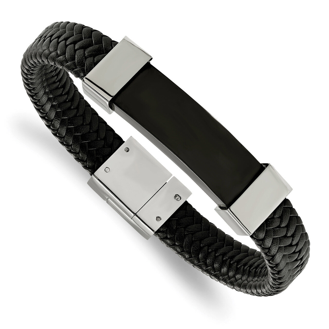 Black IP-plated with Black Leather 8.5 Inch Bracelet Stainless Steel Polished SRB1920-8.5