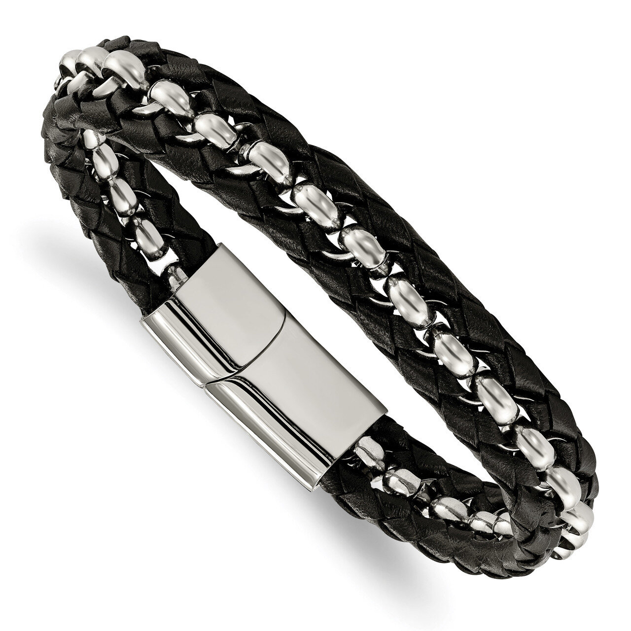 Black Leather Braided 8.5 Inch Bracelet Stainless Steel Polished SRB1935-8.5 by Chisel, MPN: SRB193…