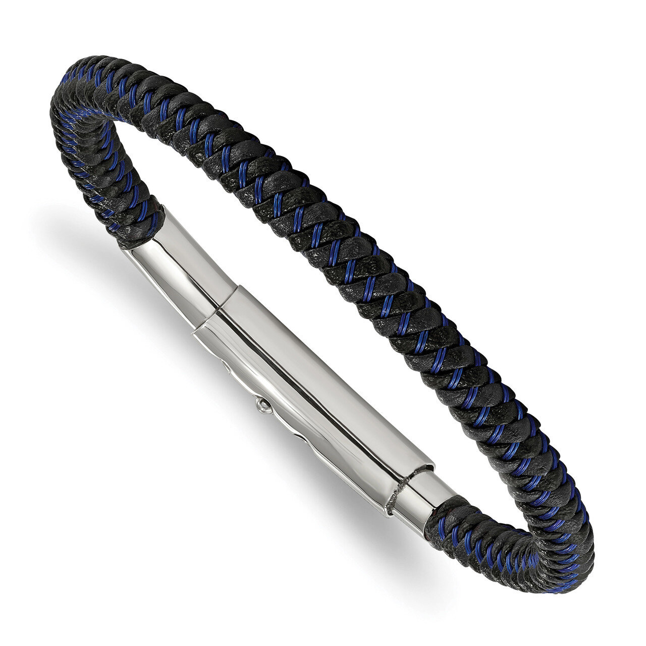 Black and Blue PU Adjust 7.75 Inch to 8.25 Inch Bracelet Stainless Steel Polished SRB1940