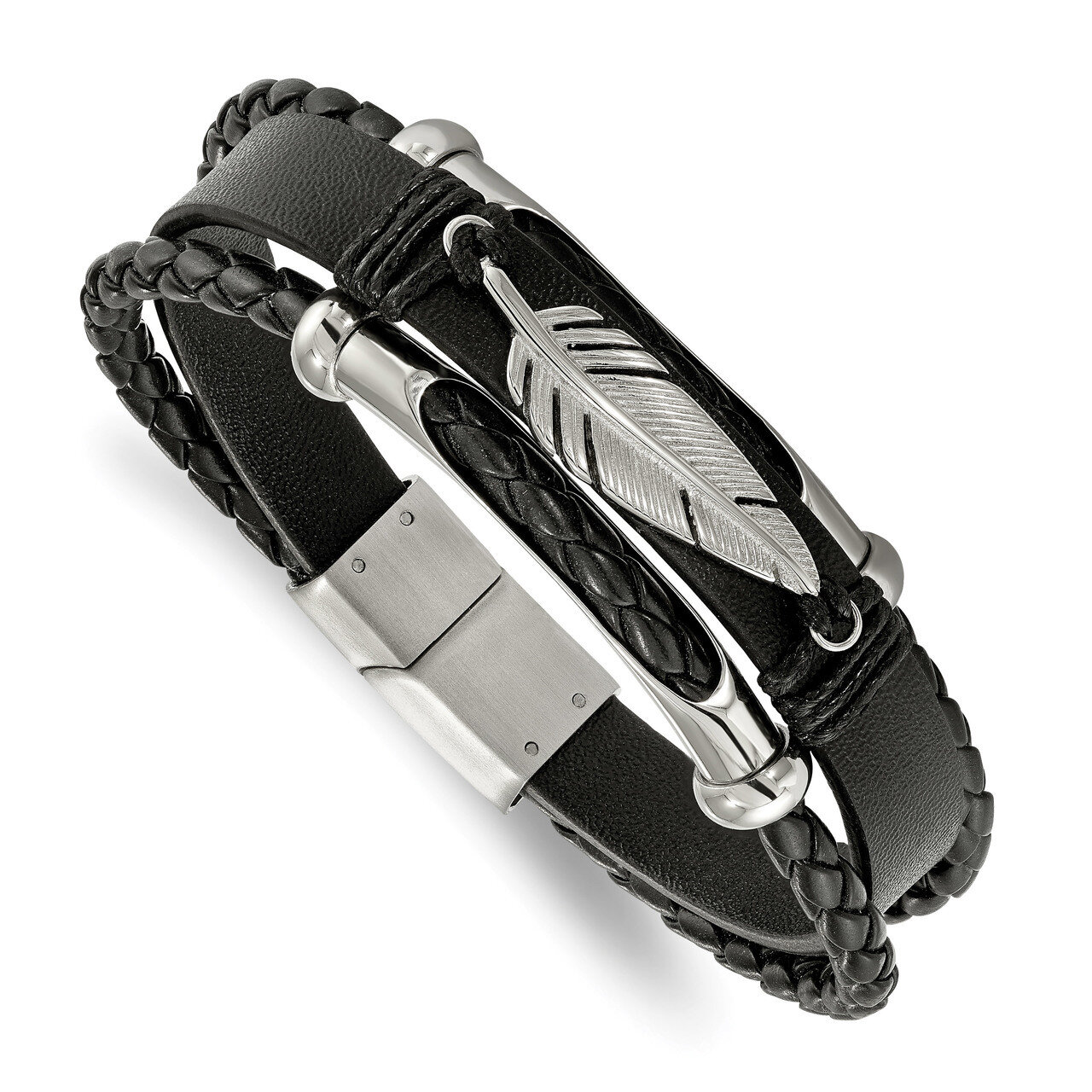Black Leather Feather Multi Strand 8.25 Inch Bracelet Stainless Steel Polished SRB1941-8.25 by Chis…