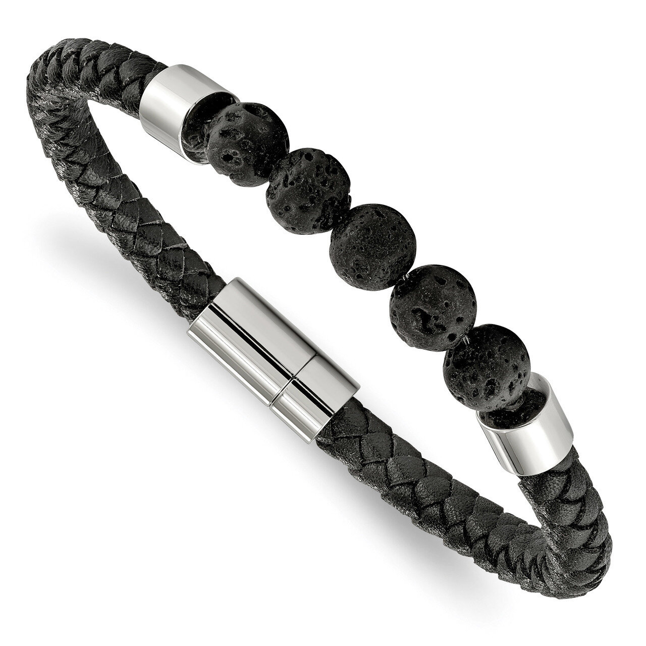 Black Leather with Lava Stones 8.75 inch Bracelet Stainless Steel Polished SRB1944-8.75 by Chisel, …