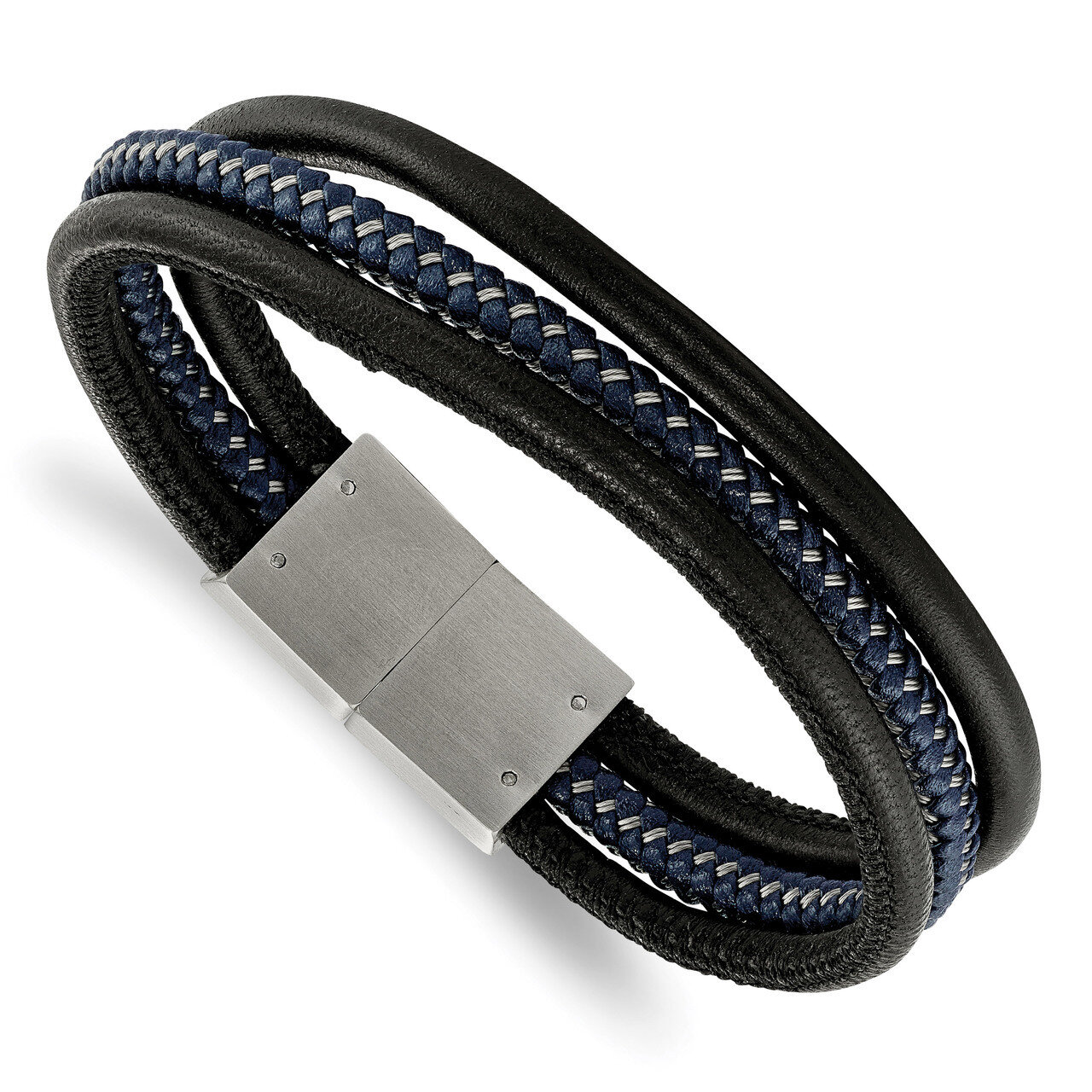 Blue Braided Leather Multi 8 Inch Bracelet Stainless Steel Brushed Black SRB1952-8 by Chisel, MPN: …