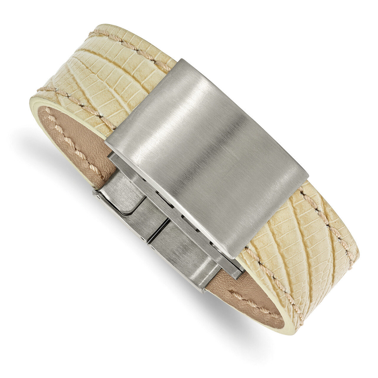 White Leather ID Bracelet Stainless Steel Brushed SRB1985-8.5 by Chisel, MPN: SRB1985-8.5, 19110101…