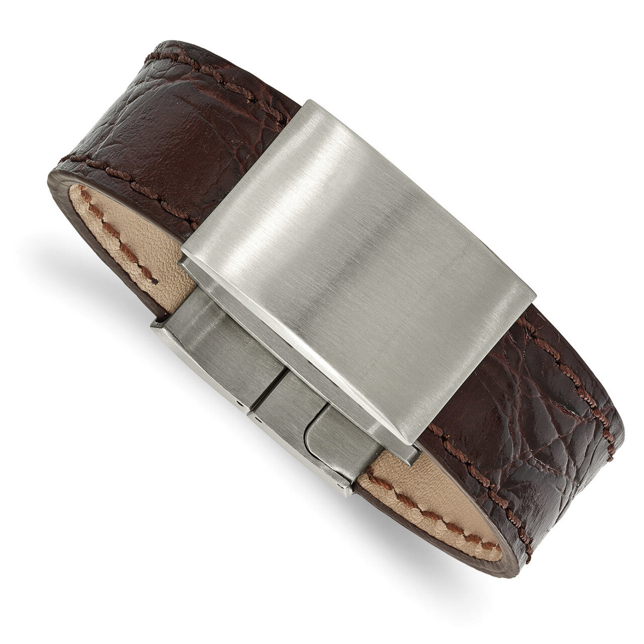 Dark Brown Leather ID Bracelet Stainless Steel Brushed SRB1993-8.5 by Chisel, MPN: SRB1993-8.5, 191…