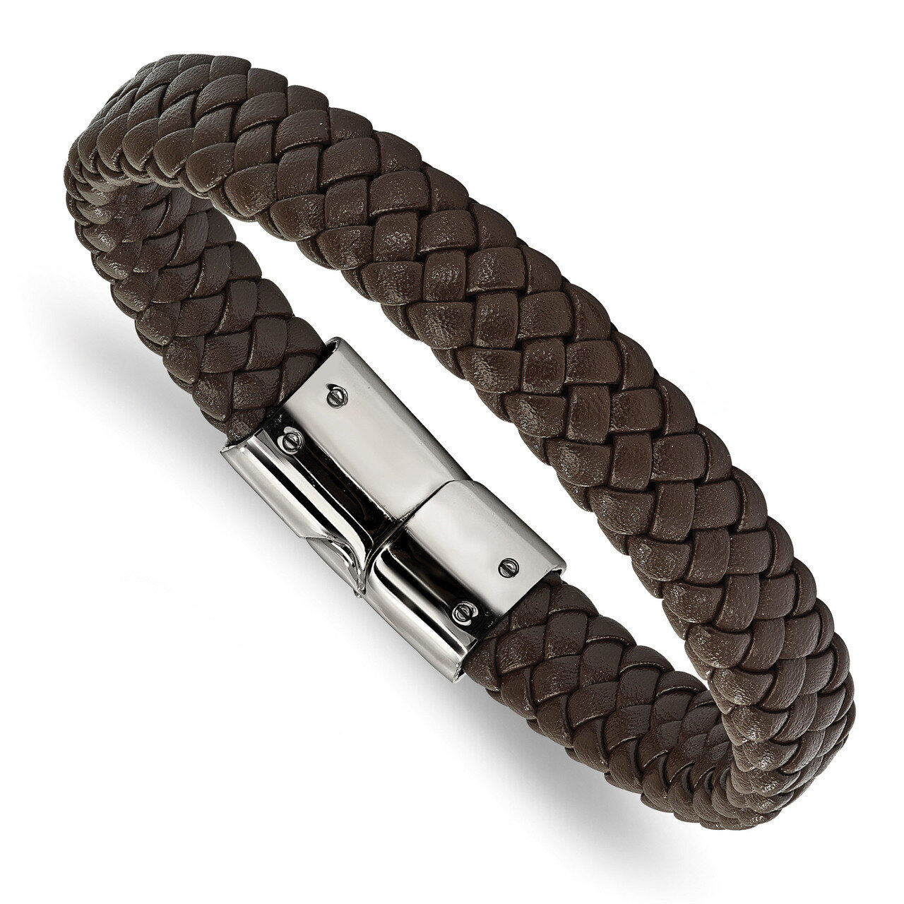 Braided Brown Leather Bracelet Stainless Steel Polished SRB1999-8.5
