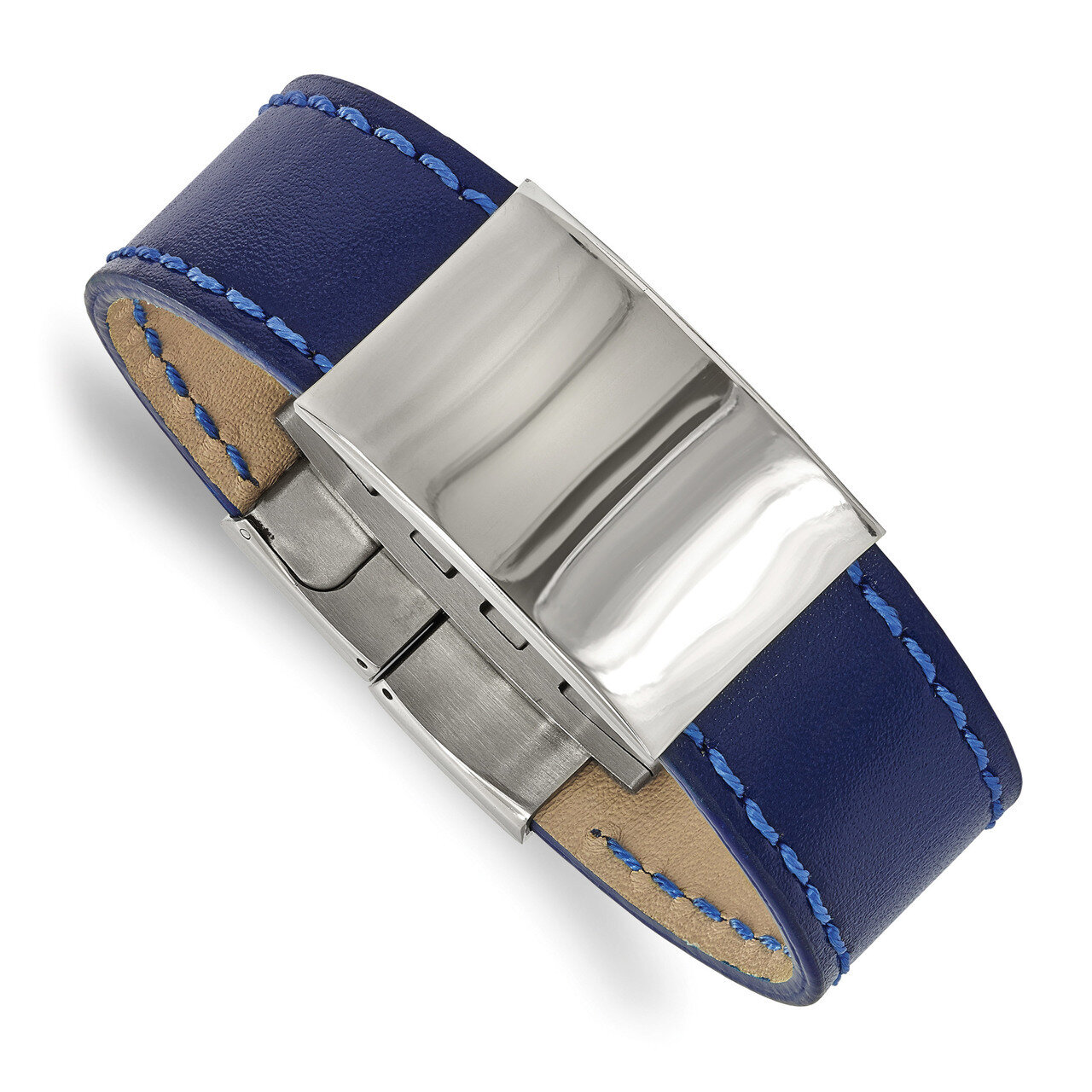 Blue Leather 8.25 Inch ID Bracelet Stainless Steel Polished SRB2003-8.25 by Chisel, MPN: SRB2003-8.…