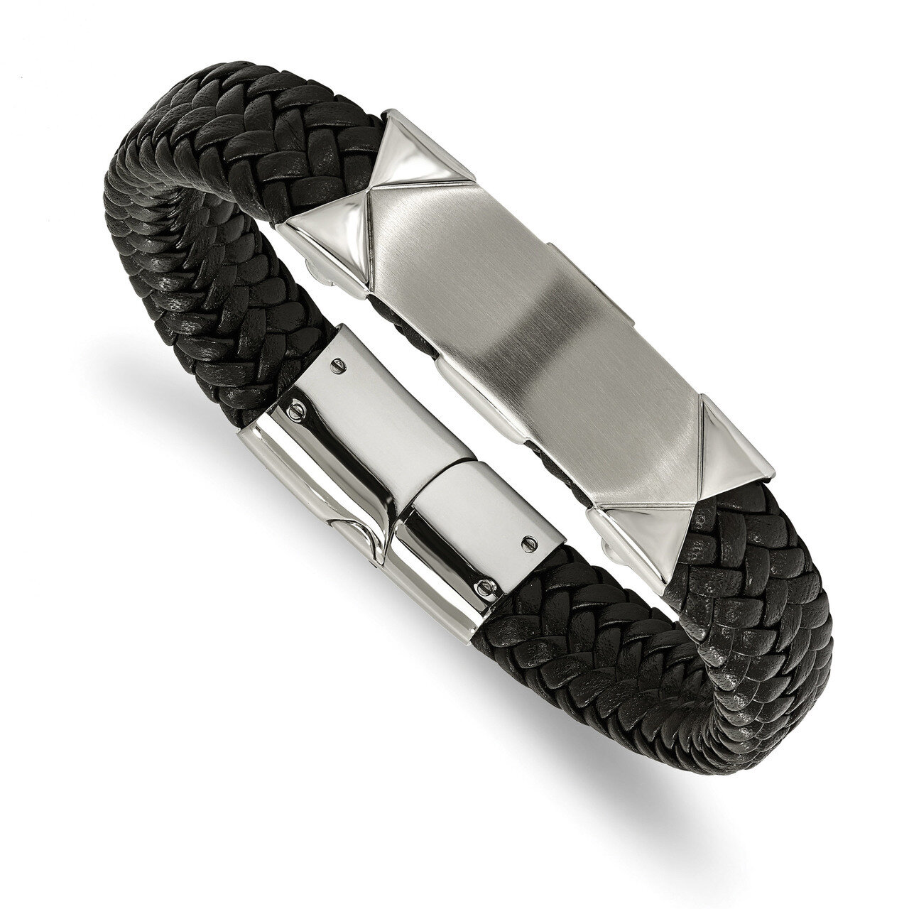 Black Leather ID 8.5 Inch Bracelet Stainless Steel Brushed and Polished SRB2004-8.5 by Chisel, MPN:…