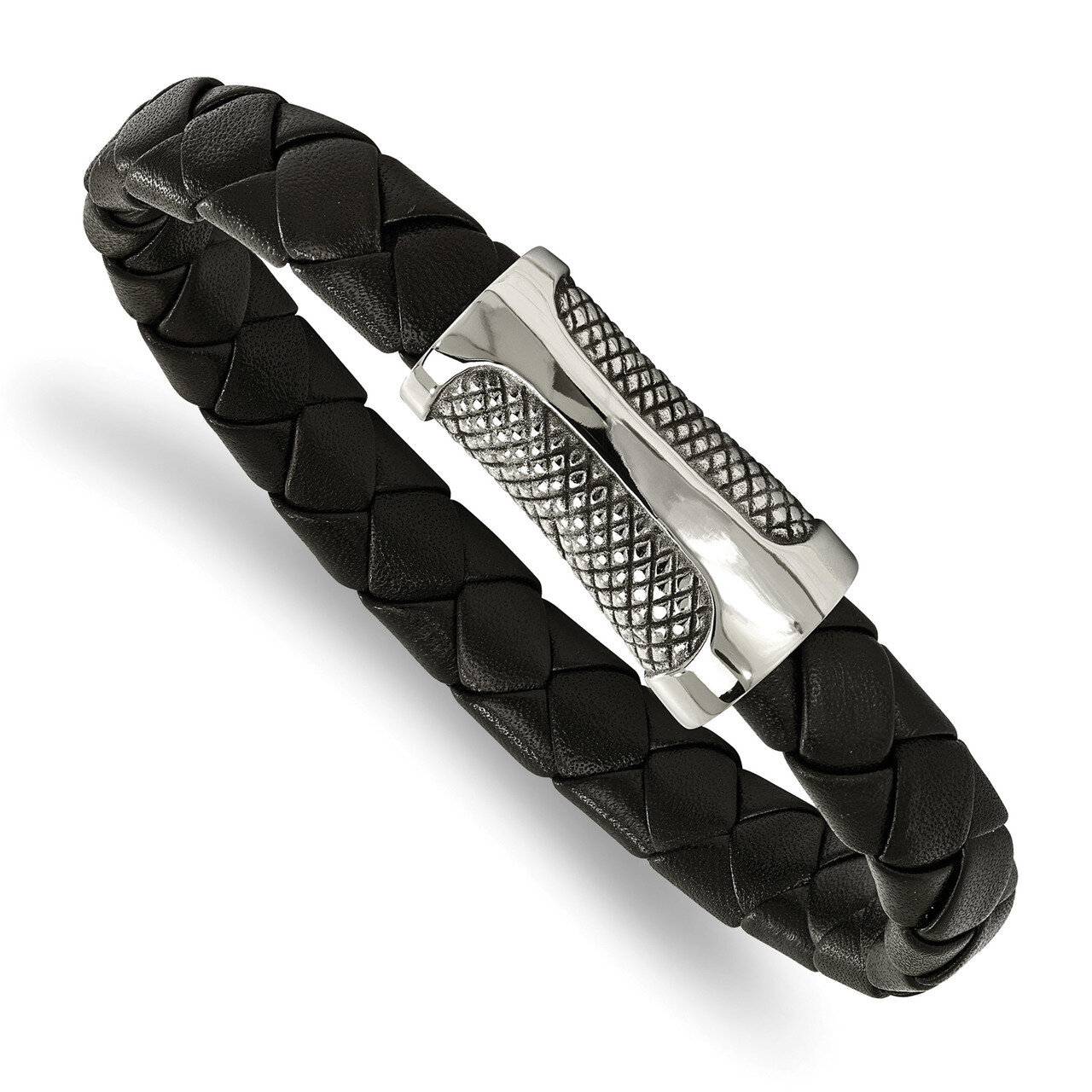 Black Leather Textured Bracelet Stainless Steel Polished SRB2005-8.5