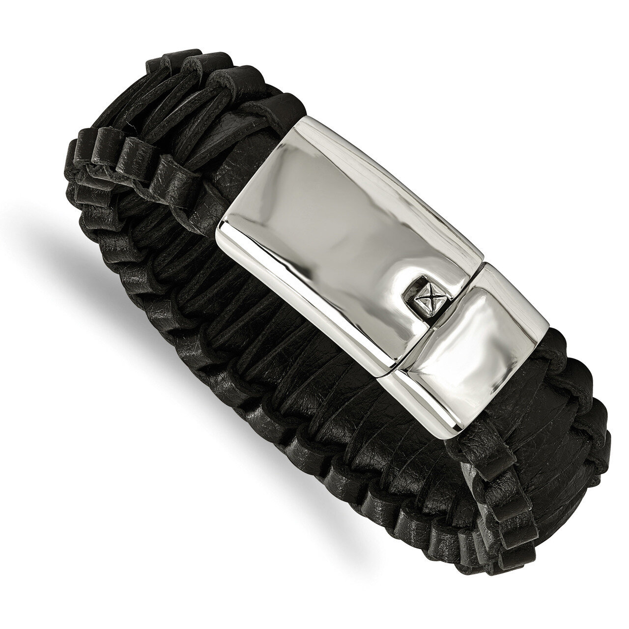 Flat Braided Black Leather Bracelet Stainless Steel Polished SRB2015-8.5