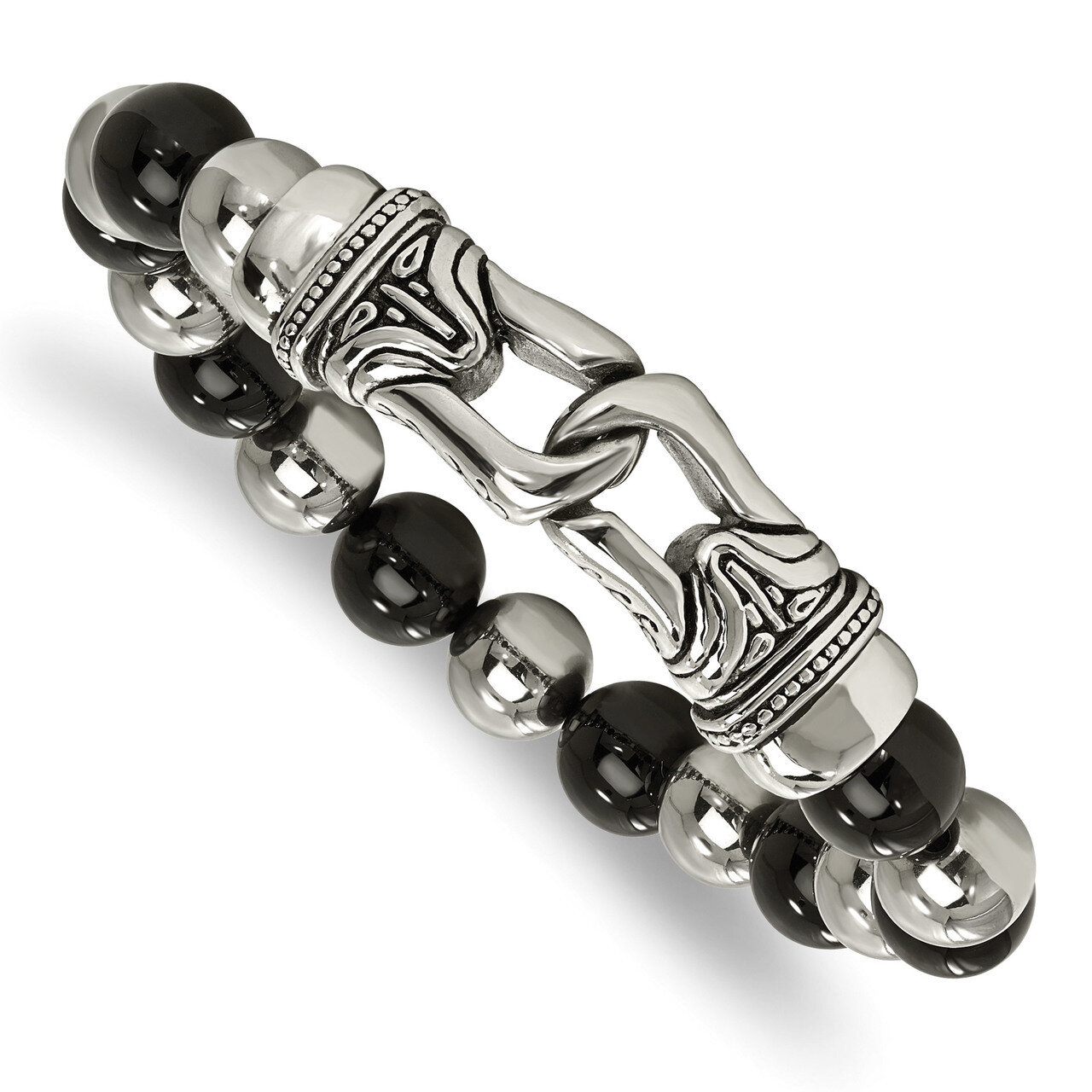 Black Agate Stretch Bracelet Stainless Steel Polished Antiqued SRB2020 by Chisel, MPN: SRB2020, 191…